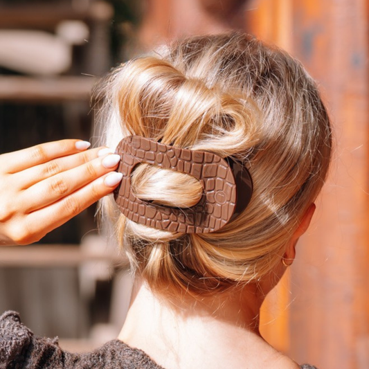 Brown Crocodile Large Flat Round Hair Clip